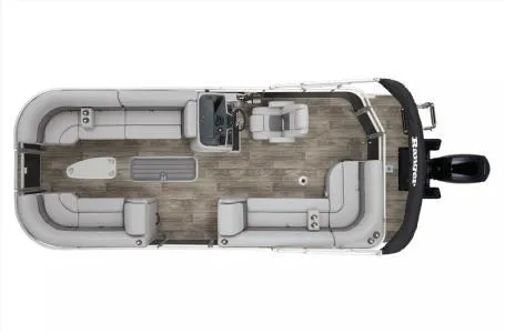Slide: The Image of 2024 Ranger 223C pontoon boat, top view, spacious seating, modern design. - 14