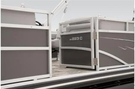 Slide: The Image of 2024 Ranger 223C pontoon boat with sleek gray panels and modern design. - 16