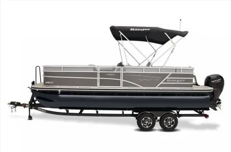 Slide: The Image of 2024 Ranger 223C pontoon boat on trailer with canopy and outboard motor. - 18