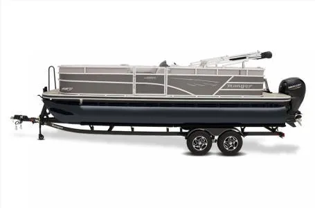 Slide: The Image of 2024 Ranger 223C pontoon boat on trailer, side view, gray and black design. - 6
