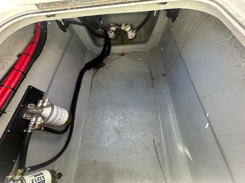 Slide: The Image of Bilge compartment of 2025 AmeraCat 395 boat, showing wiring and filter system. - 15