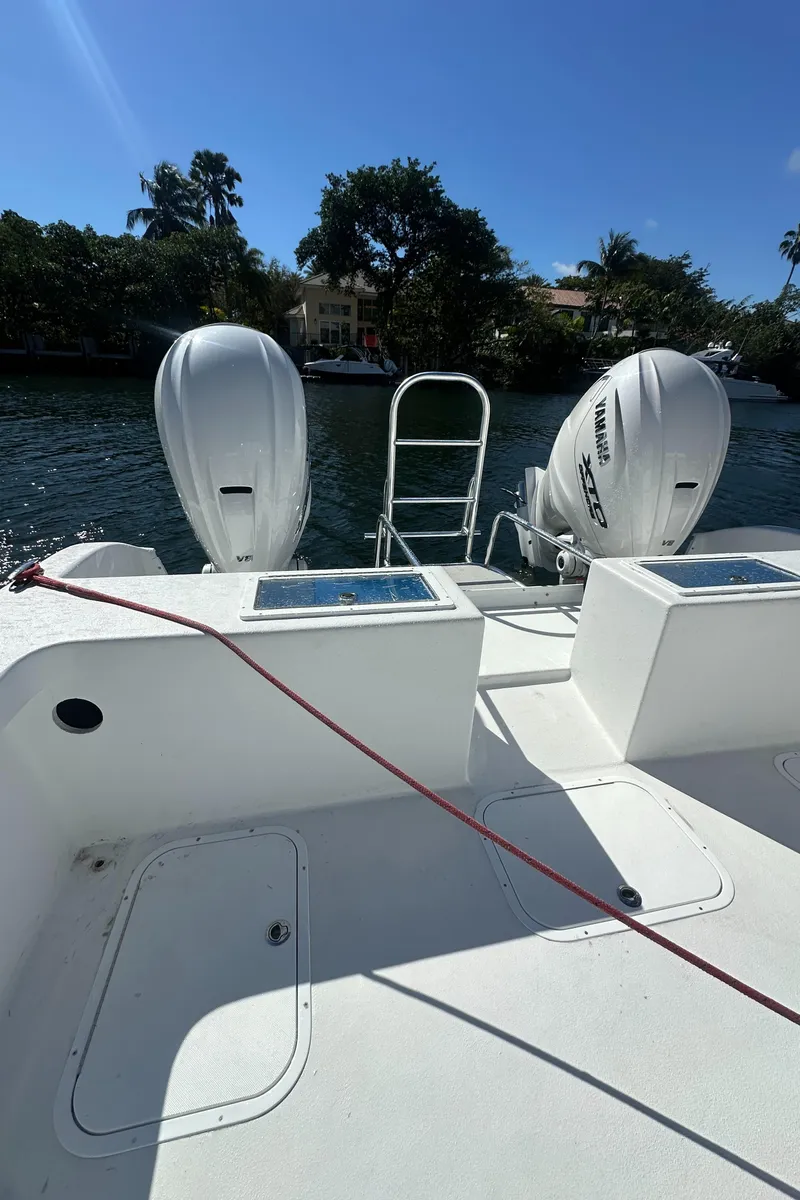 Slide: The Image of 2025 AmeraCat 395 boat with dual outboard engines on a sunny day. - 19