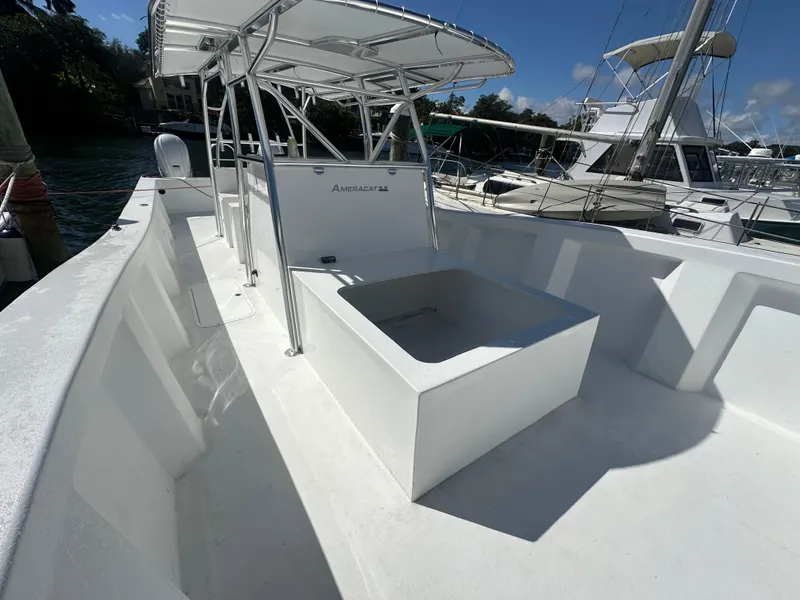 Slide: The Image of 2025 AmeraCat 395 boat with spacious deck and canopy, docked in a marina. - 9
