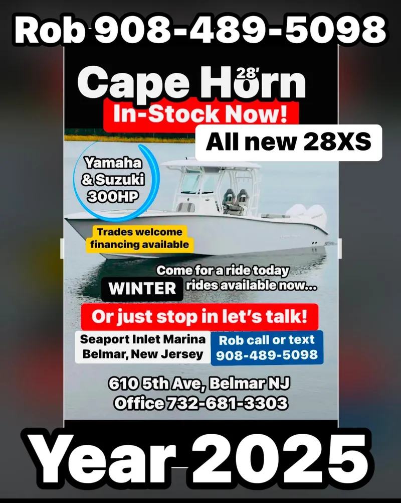 The Image of 2025 Cape Horn 28 XS boat advertisement with contact details and location in Belmar, NJ. - 0
