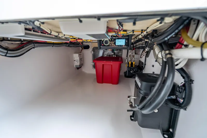 Slide: The Image of 2017 Bahama Center Console boat interior wiring and equipment setup. - 36