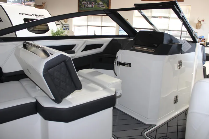 Slide: The Image of 2025 Cobalt R6 boat interior with sleek seating and modern design. - 26