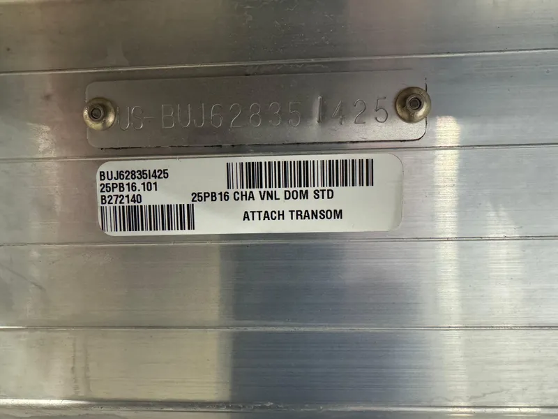 Slide: The Image of Serial number plate on 2025 Sun Tracker Party Barge 16 DLX, showing model and attachment details. - 13