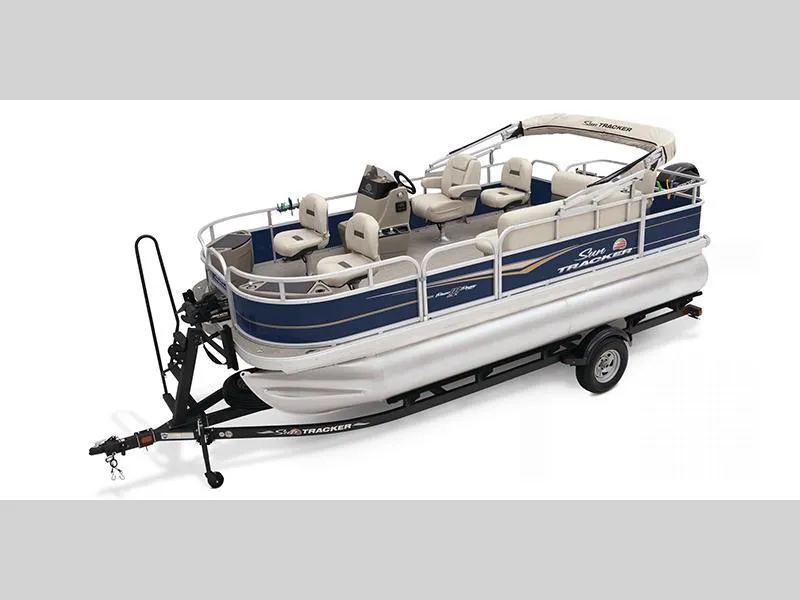 Slide: The Image of 2025 BASS BUGGY 18 DLX pontoon boat on trailer, blue and white design. - 1