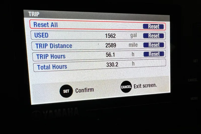 Slide: The Image of Dashboard display of a 2020 Ranger Tugs 27, showing trip data and reset options. - 10