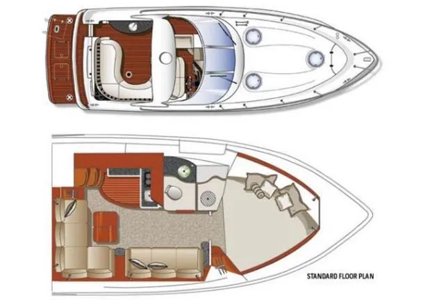 Slide: The Image of 2008 Four Winns V378 boat floor plan, featuring upper deck and cabin layout. - 46