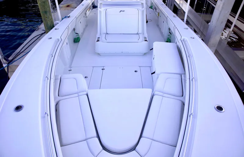 Slide: The Image of 2017 Yellowfin 39 Offshore boat interior with spacious seating and sleek design. - 16
