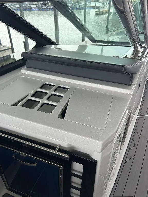 Slide: The Image of 2023 Monterey 378SS boat interior with sleek design and modern amenities. - 32