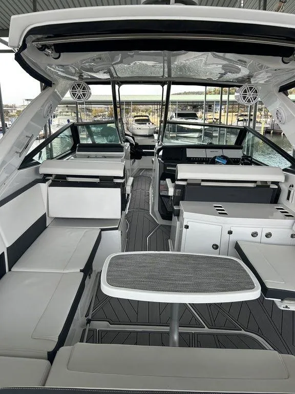 Slide: The Image of 2023 Monterey 378SS boat interior with sleek seating and modern design. - 40