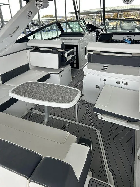 Slide: The Image of 2023 Monterey 378SS boat interior with sleek design and modern amenities. - 38