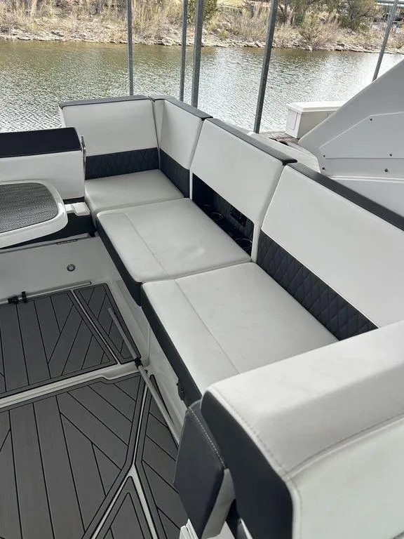 Slide: The Image of 2023 Monterey 378SS boat interior with sleek cabinetry and modern design. - 39