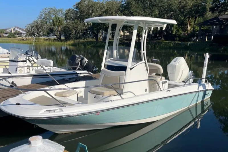 Slide: The Image of 2019 Boston Whaler 210 Dauntless boat docked on a calm lake. - 0