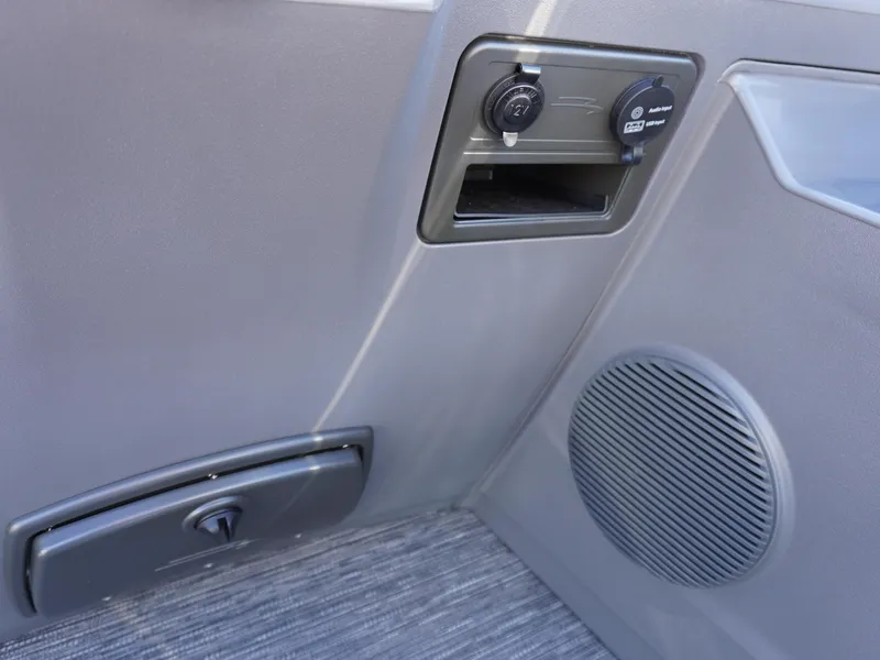 Slide: The Image of Interior detail of 2025 Bennington 20 SSB boat, featuring speaker and control panel. - 10