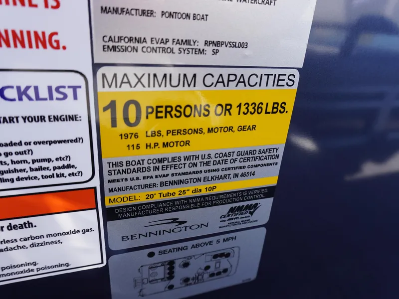 Slide: The Image of 2025 Bennington 20 SSB capacity label: 10 persons or 1336 lbs, 116 HP motor. - 11