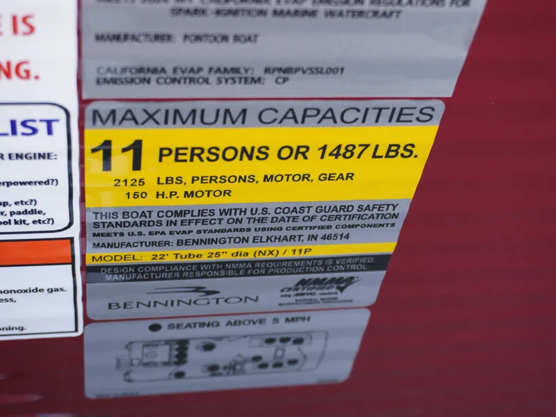 Slide: The Image of 2025 Bennington 22 SVSB capacity label, 11 persons or 1487 lbs, 150 HP motor. - 13