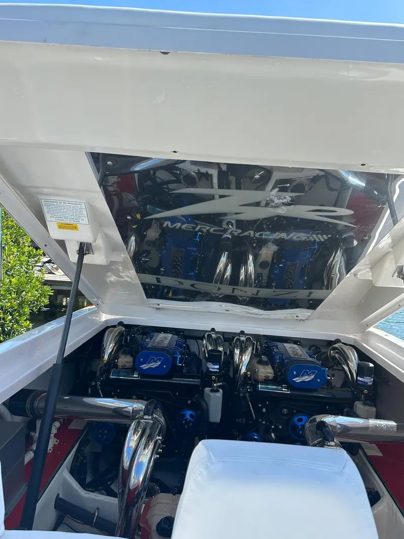 Slide: The Image of 2008 Donzi 43 ZR boat engine compartment with twin Mercury Racing engines. - 9