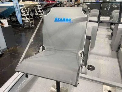 Slide: The Image of SeaArk EasyCat 2025 boat seat, gray fabric, showroom display. - 8
