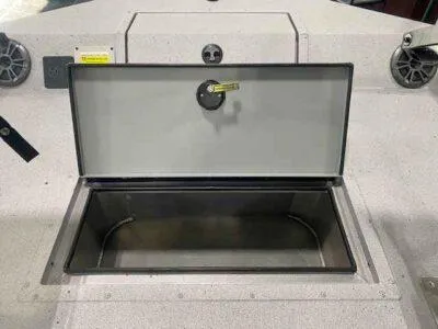 Slide: The Image of Open storage compartment on 2025 SeaArk EasyCat boat deck. - 9