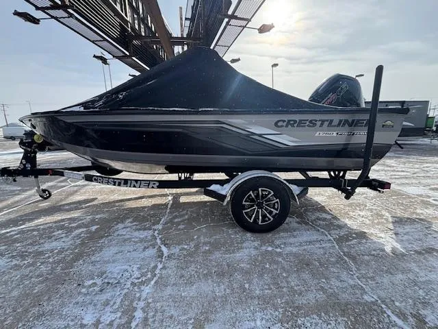 Slide: The Image of 2025 Crestliner 1750 Fish Hawk boat on trailer, covered, in snowy outdoor setting. - 28