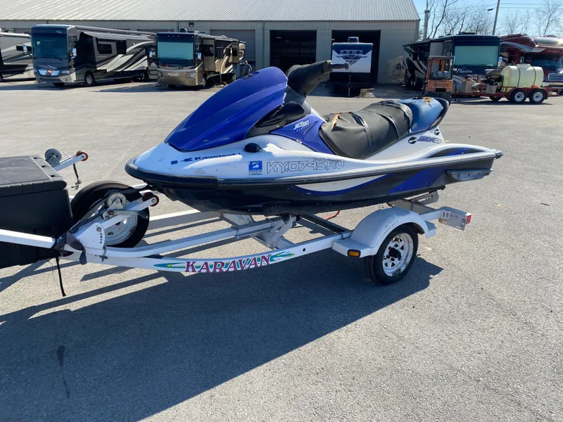 Slide: The Image of 2007 Kawasaki STX-12F jet ski on trailer in parking lot. - 7