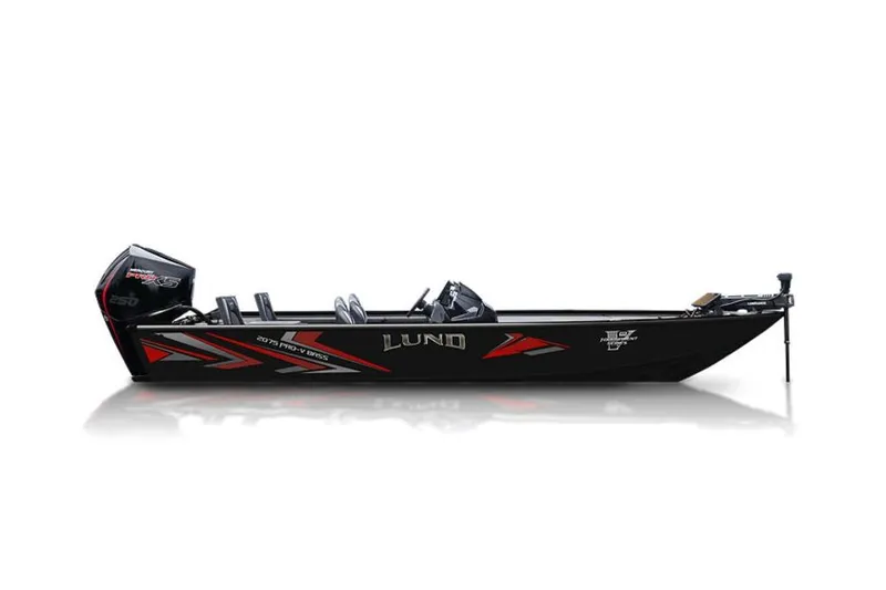 Slide: The Image of 2025 Lund 2075 Pro-V Bass XS boat, sleek black design with red accents. - 62