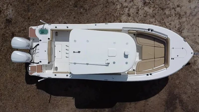 Slide: The Image of Overhead view of 2019 NauticStar 28 XS Offshore boat with dual engines. - 1