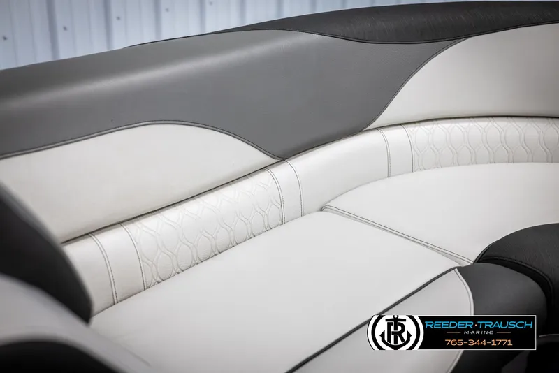Slide: The Image of 2021 Avalon LSZ VRB boat interior with elegant gray and white seating. - 37