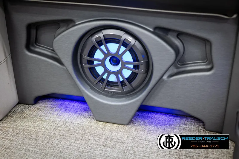 Slide: The Image of 2021 Avalon LSZ VRB speaker with blue LED lighting, Reeder-Trausch Marine branding. - 41