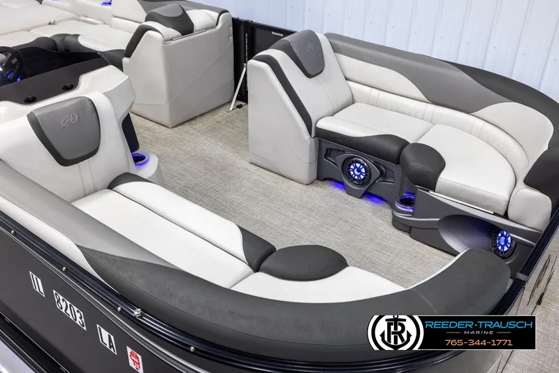 Slide: The Image of 2021 Avalon LSZ VRB pontoon boat interior with luxurious seating and LED lighting. - 8