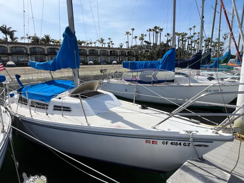 Slide: The Image of 1982 Catalina 27 sailboat docked, blue covers, palm trees in background. - 2