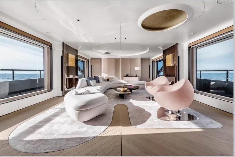 Slide: The Image of Luxurious interior of 2027 Azimut 38M Grande Trideck yacht with modern furnishings and ocean view. - 7