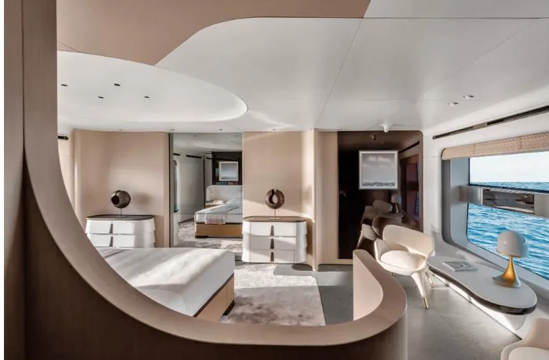 Slide: The Image of Luxurious interior of 2027 Azimut 38M Grande Trideck yacht with modern furnishings and ocean view. - 8