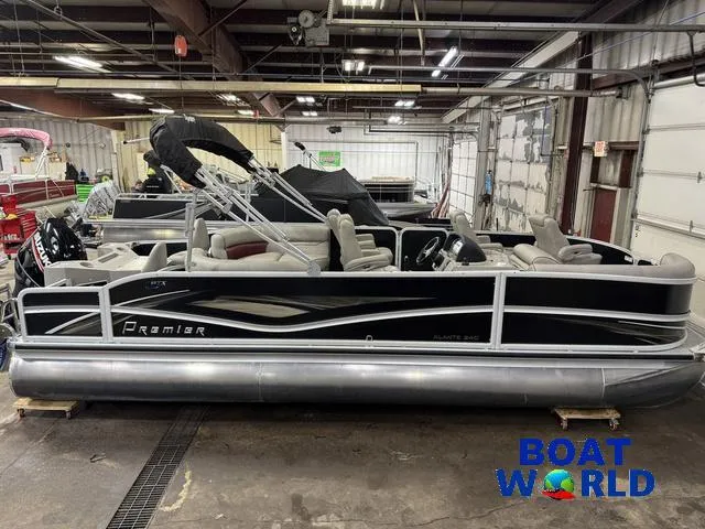 Slide: The Image of 2019 Premier Alante 240 DL pontoon boat in indoor showroom, side view. - 15