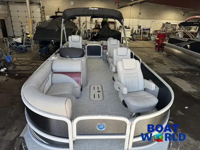 Slide: The Image of 2019 Premier Alante 240 DL pontoon boat in a workshop setting. - 18