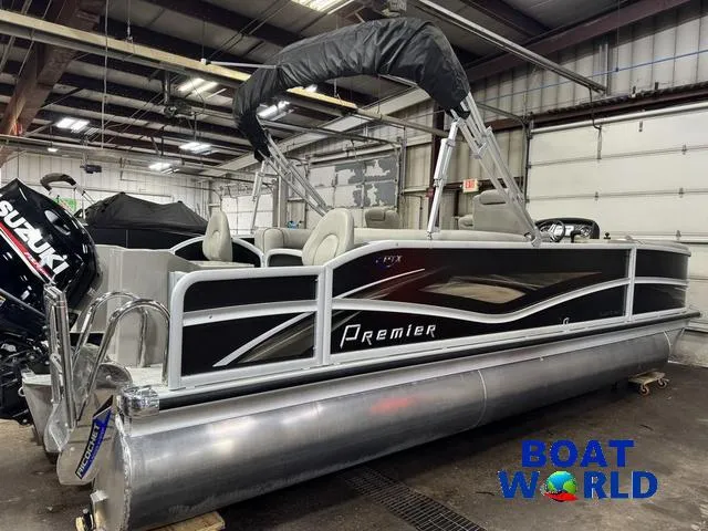Slide: The Image of 2019 Premier Alante 240 DL pontoon boat in a warehouse setting. - 8