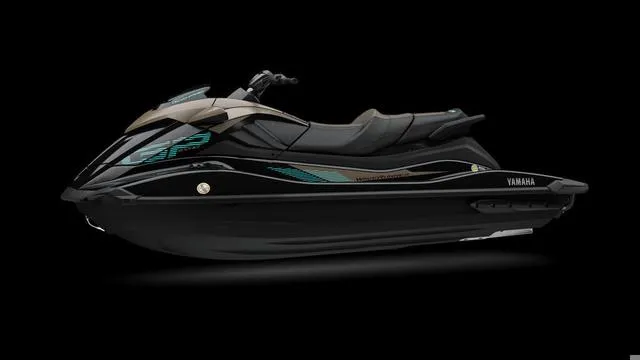 Slide: The Image of 2025 Yamaha Waverunner GP SVHO with Audio, sleek black design, side view. - 5