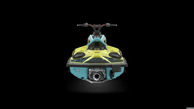 Slide: The Image of 2025 Yamaha Waverunners Jetblaster, vibrant yellow and blue, front view on black background. - 11