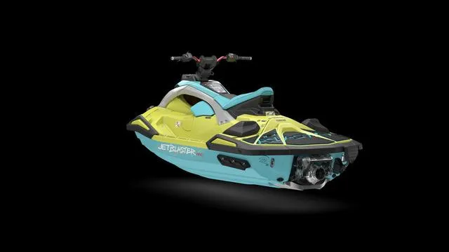 Slide: The Image of 2025 Yamaha Waverunners Jetblaster in vibrant yellow and blue on black background. - 12