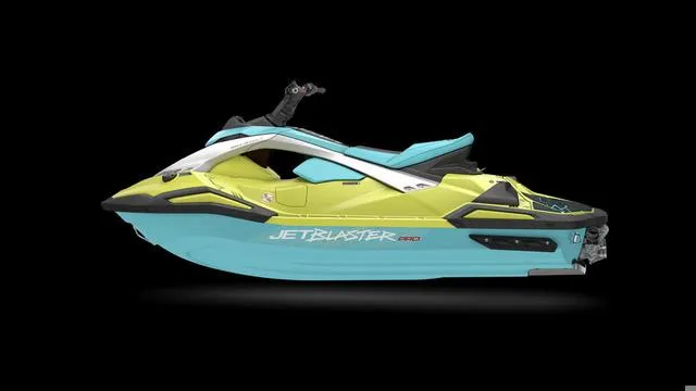 Slide: The Image of 2025 Yamaha Waverunner Jetblaster in vibrant green and blue, side view on black background. - 13