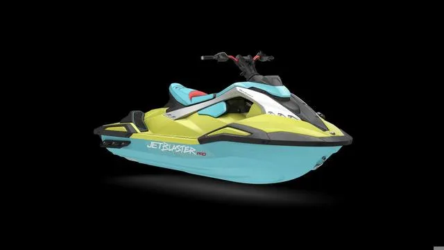 Slide: The Image of 2025 Yamaha Waverunner Jetblaster in vibrant colors on a black background. - 16