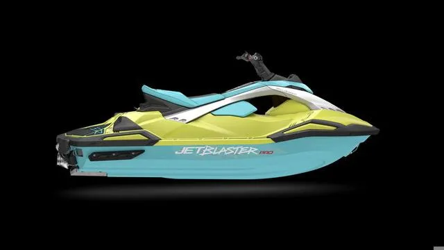 Slide: The Image of 2025 Yamaha Waverunners Jetblaster, vibrant yellow and blue design, side view on black background. - 9