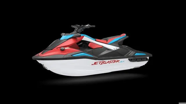 Slide: The Image of 2025 Yamaha Waverunner Jetblaster, red and blue design, side view on black background. - 10