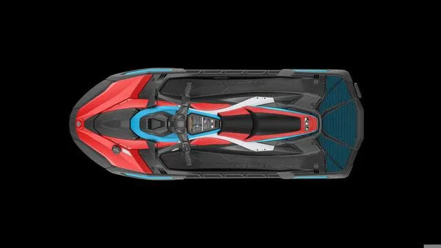 Slide: The Image of 2025 Yamaha Waverunners Jetblaster, top view, vibrant red and blue design. - 13