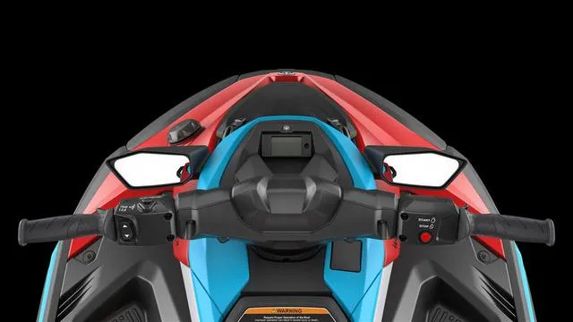 Slide: The Image of 2025 Yamaha Waverunner Jetblaster dashboard, vibrant red and blue design, black background. - 18