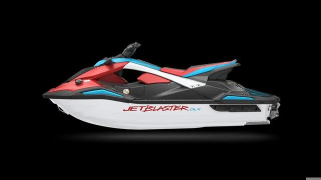 Slide: The Image of 2025 Yamaha Waverunner Jetblaster, sleek design, vibrant colors, side view on black background. - 9