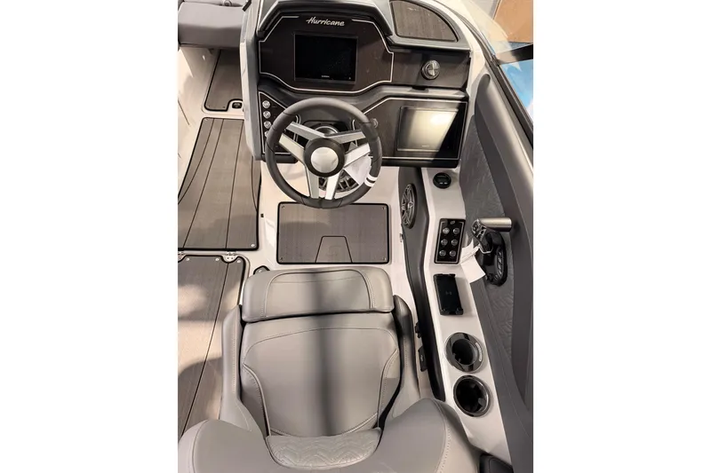 Slide: The Image of 2025 Hurricane Sundeck SD 2600 OB cockpit with modern steering and controls. - 21